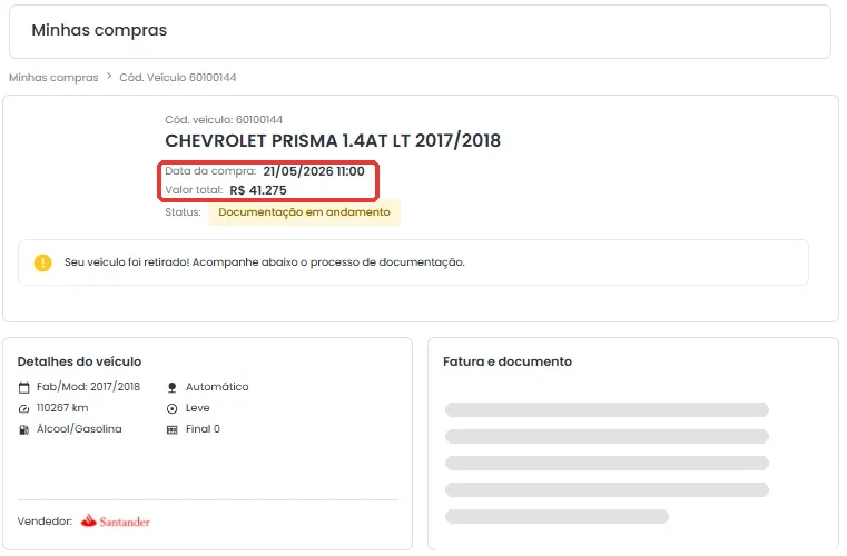Tela de compra do leilão: Chevrolet Prisma 1.4 automático 2017/2018 arrematado em 21/05/2026