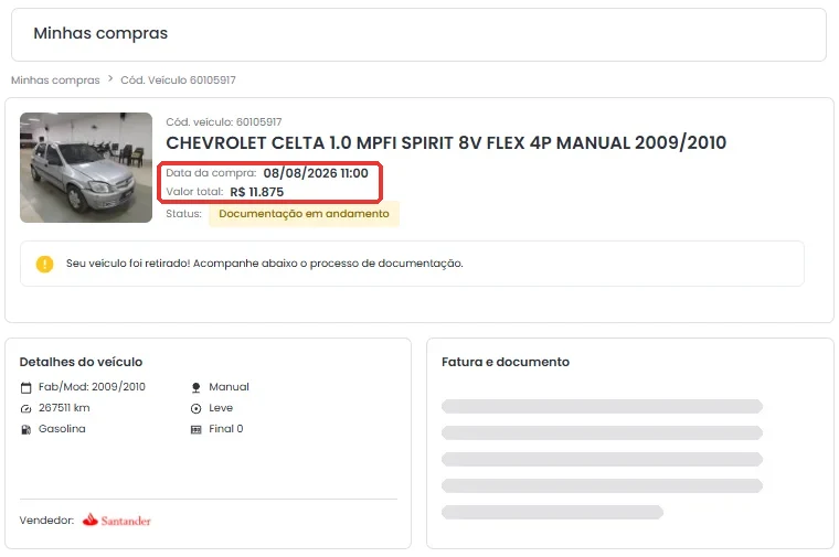 Tela de compra do leilão: Chevrolet Celta 1.0 2009/2010 arrematado em 08/08/2026 por R$ 11.875, vendedor Santander