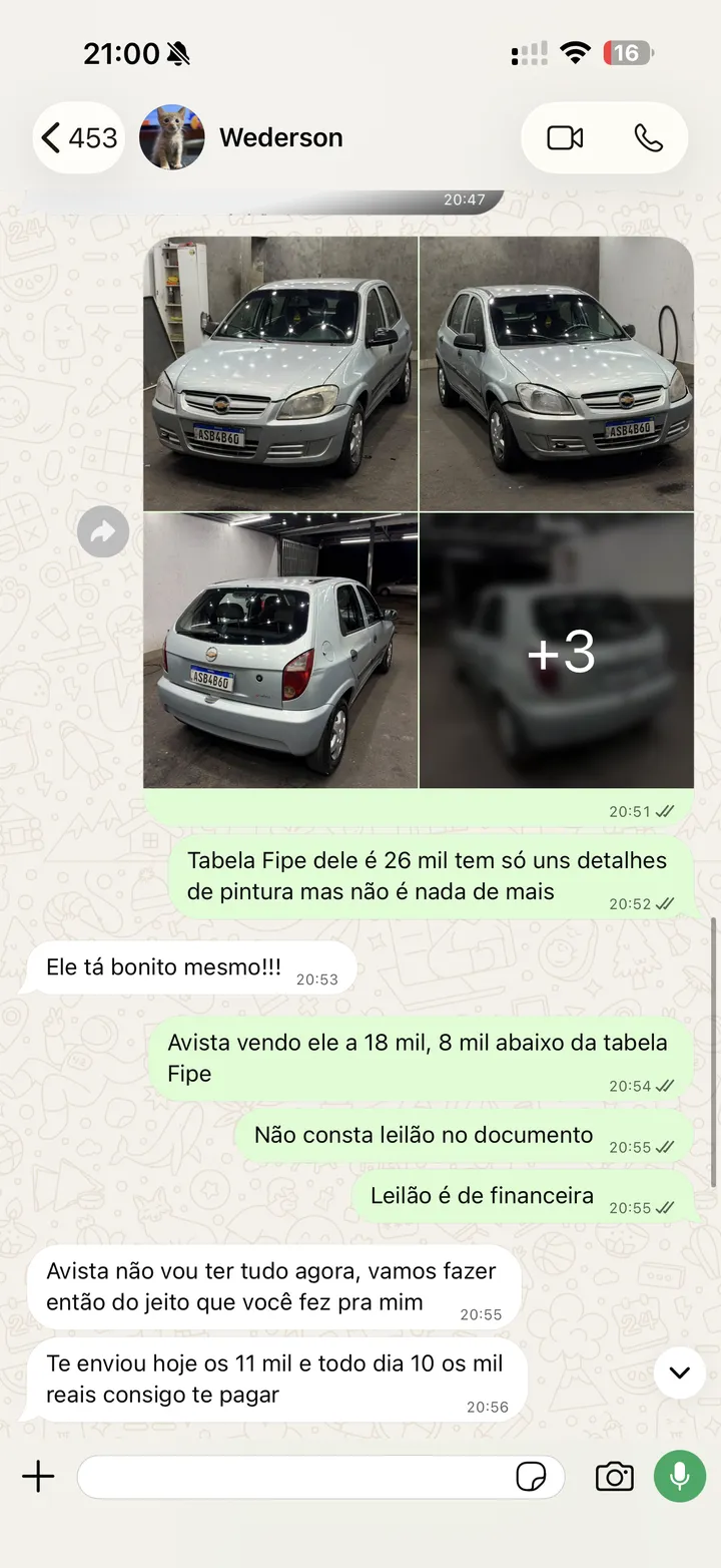Conversa de WhatsApp da venda: tabela FIPE de 26 mil, oferta à vista por 18 mil e o comprador propondo 11 mil de entrada mais parcelas de mil reais