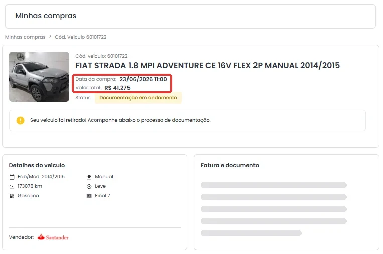 Tela de compra do leilão: Fiat Strada 1.8 Adventure 2014/2015 arrematada em 23/06/2026 por R$ 41.275